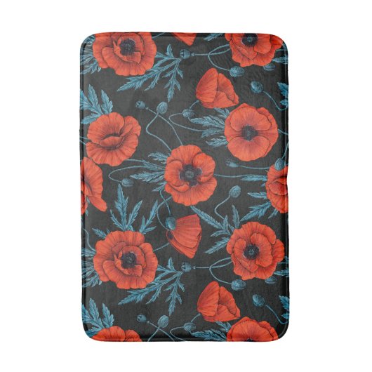 Papavers, rood en blauw op zwart badmat (Voorkant Verticaal)