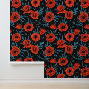 Papavers, rood en blauw op zwart behang