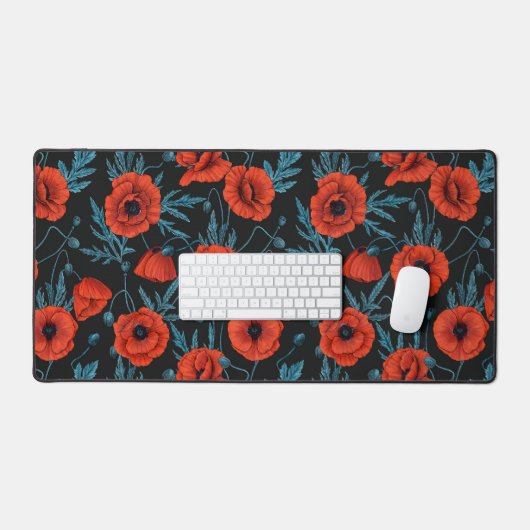 Papavers, rood en blauw op zwart bureaumat (Keyboard & Muis)