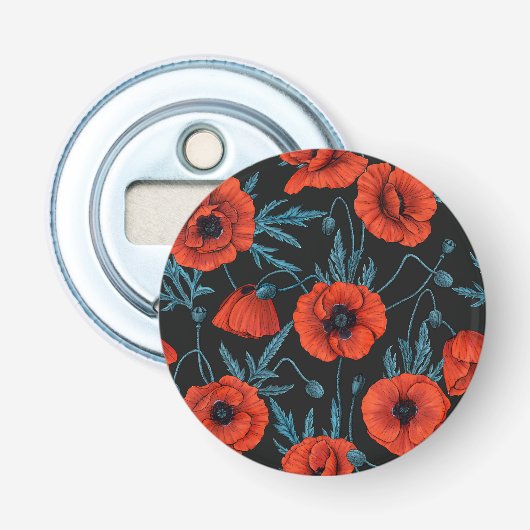 Papavers, rood en blauw op zwart button flesopener (Voorkant)