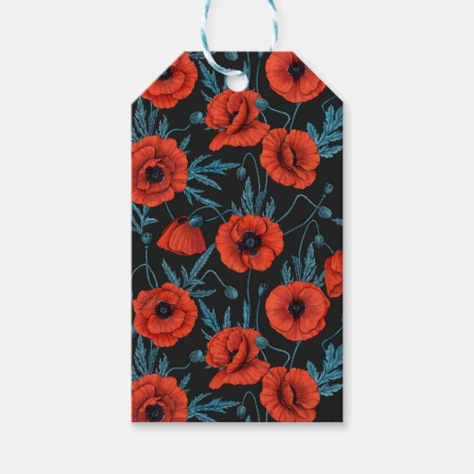 Papavers, rood en blauw op zwart cadeaulabel (Voorkant)