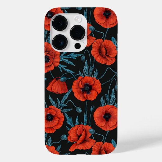 Papavers, rood en blauw op zwart Case-Mate iPhone case (Achterkant)