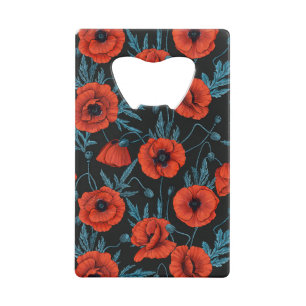 Papavers, rood en blauw op zwart creditkaart flessenopener