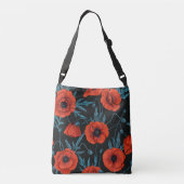 Papavers, rood en blauw op zwart crossbody tas (Achterkant)
