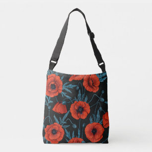 Papavers, rood en blauw op zwart crossbody tas