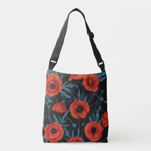 Papavers, rood en blauw op zwart crossbody tas (Voorkant)