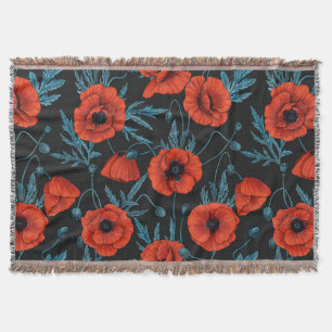 Papavers, rood en blauw op zwart deken