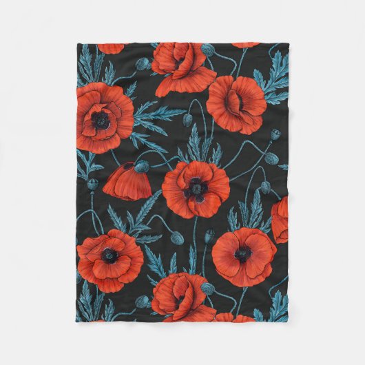 Papavers, rood en blauw op zwart fleece deken (Voorkant)