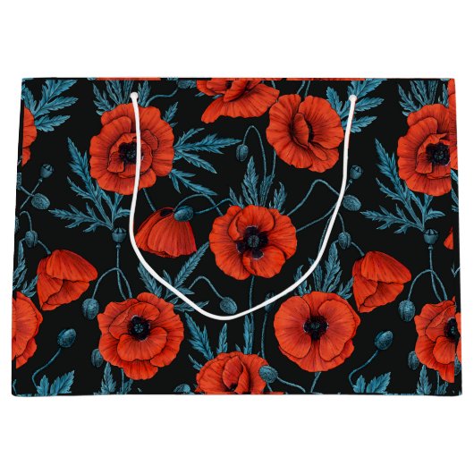Papavers, rood en blauw op zwart groot cadeauzakje (Voorkant)