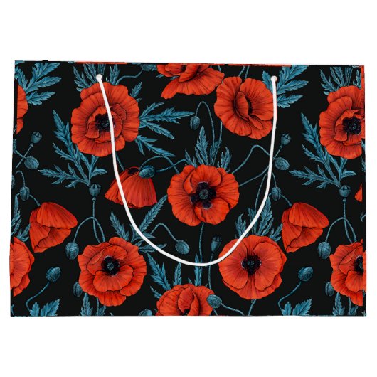 Papavers, rood en blauw op zwart groot cadeauzakje (Achterkant)