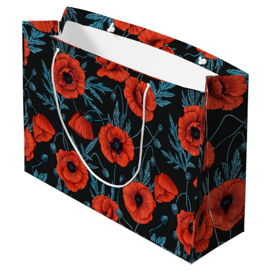 Papavers, rood en blauw op zwart groot cadeauzakje (Achterkant Gekanteld)