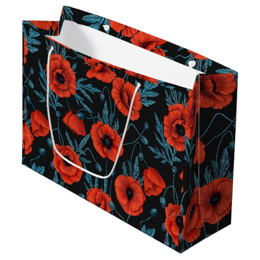 Papavers, rood en blauw op zwart groot cadeauzakje (Voorkant Gekanteld)