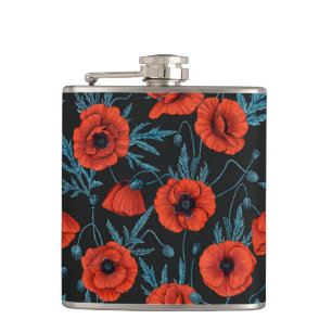 Papavers, rood en blauw op zwart heupfles