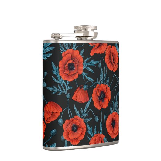 Papavers, rood en blauw op zwart heupfles (Rechts)