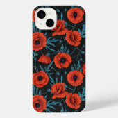 Papavers, rood en blauw op zwart iPhone hoesje (Achterkant)