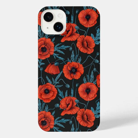Papavers, rood en blauw op zwart iPhone hoesje (Achterkant)
