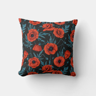 Papavers, rood en blauw op zwart kussen