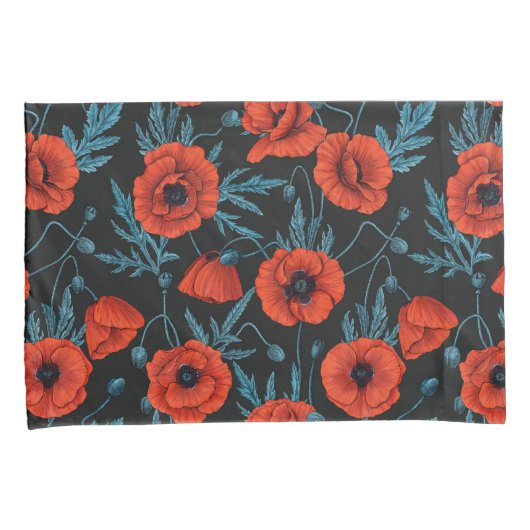 Papavers, rood en blauw op zwart kussensloop (Voorkant-Rechts)