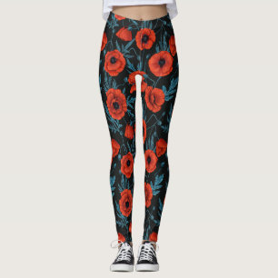 Papavers, rood en blauw op zwart leggings