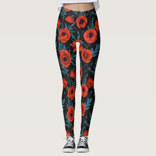 Papavers, rood en blauw op zwart leggings (Voorkant)