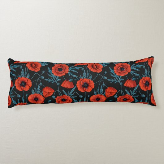Papavers, rood en blauw op zwart lichaamskussen (Achterkant)