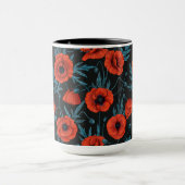 Papavers, rood en blauw op zwart mok (Midden)