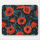 Papavers, rood en blauw op zwart muismat (Voorkant)