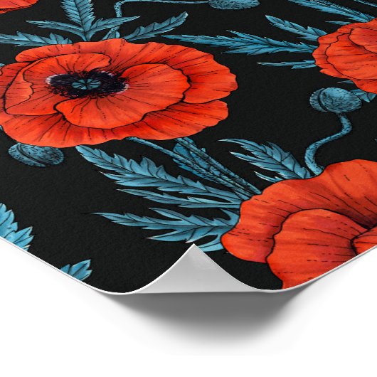 Papavers, rood en blauw op zwart poster (Hoek)