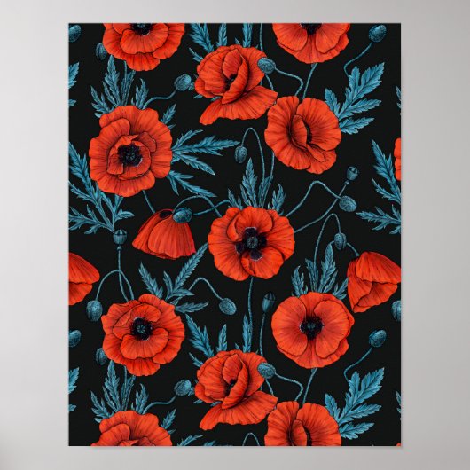 Papavers, rood en blauw op zwart poster (Voorkant)