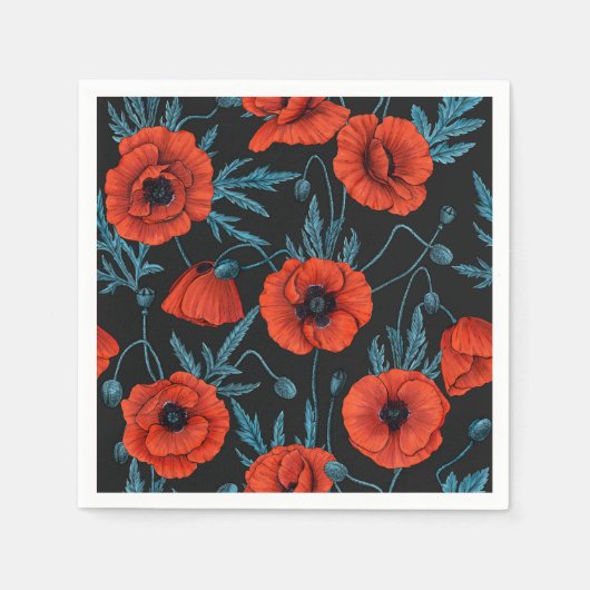 Papavers, rood en blauw op zwart servet (Voorkant)