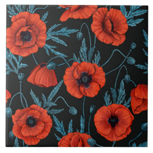 Papavers, rood en blauw op zwart tegeltje