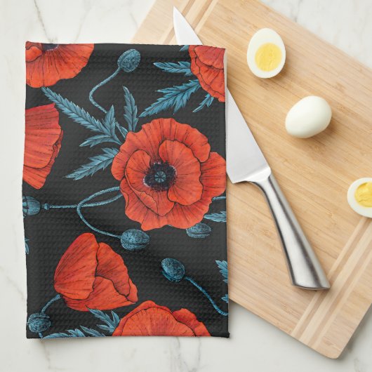 Papavers, rood en blauw op zwart theedoek (Quarter Fold)