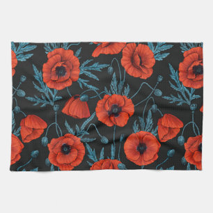 Papavers, rood en blauw op zwart theedoek