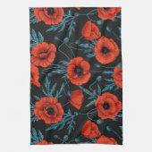 Papavers, rood en blauw op zwart theedoek (Verticaal)