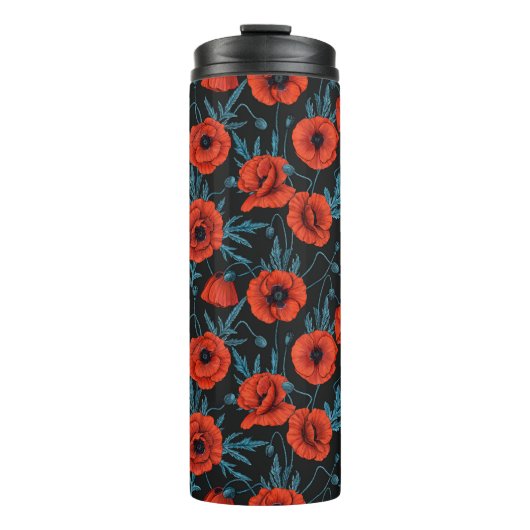 Papavers, rood en blauw op zwart thermosbeker (Voorkant)