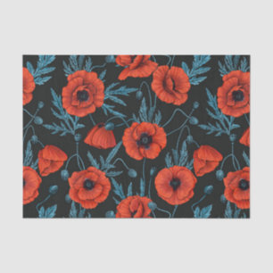 Papavers, rood en blauw op zwart tissuepapier