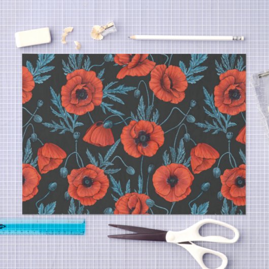 Papavers, rood en blauw op zwart tissuepapier (Craft)