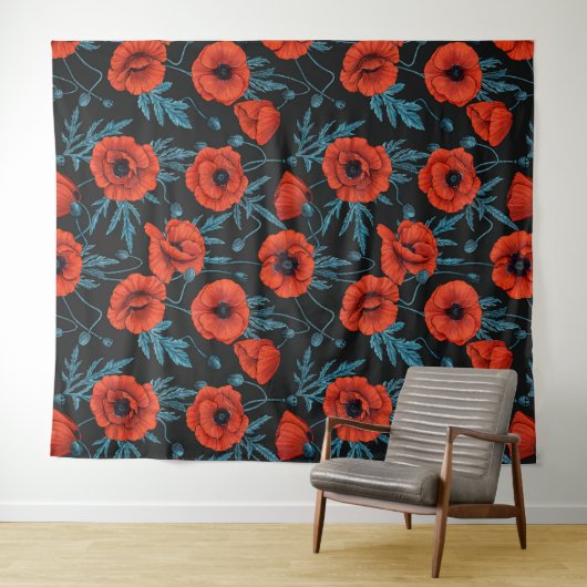 Papavers, rood en blauw op zwart wandkleed (In Situ (horizontaal))