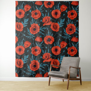Papavers, rood en blauw op zwart wandkleed