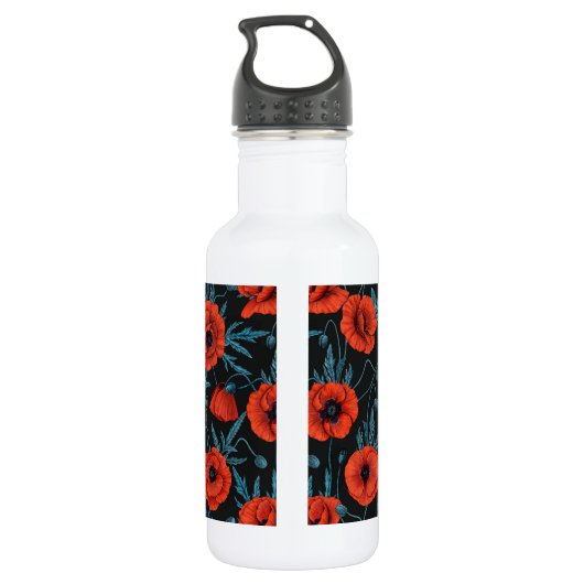 Papavers, rood en blauw op zwart waterfles (Achterkant)