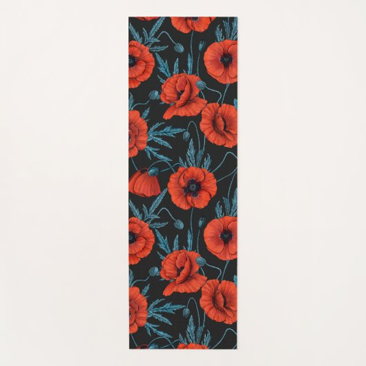 Papavers, rood en blauw op zwart yogamat (Voorkant)
