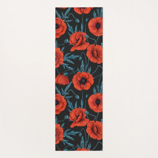 Papavers, rood en blauw op zwart yogamat (Achterkant)