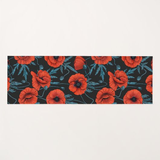Papavers, rood en blauw op zwart yogamat (Voorkant (horizontaal))