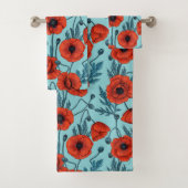 Papavers, rood en blauw op zwembad blauw bad handdoek (Insitu)