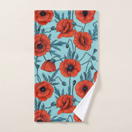 Papavers, rood en blauw op zwembad blauw bad handdoek (Handdoek)