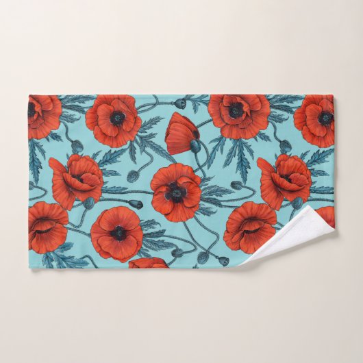 Papavers, rood en blauw op zwembad blauw bad handdoek (Handdoek)