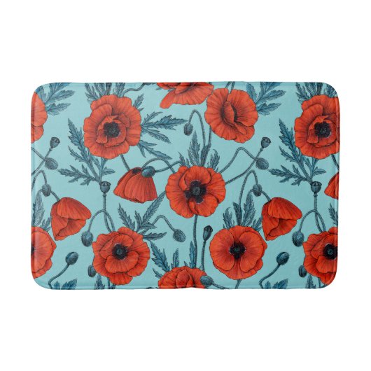 Papavers, rood en blauw op zwembad blauw badmat (Voorkant)