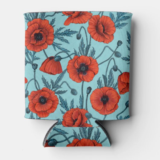 Papavers, rood en blauw op zwembad blauw blikjeskoeler (Voorkant)