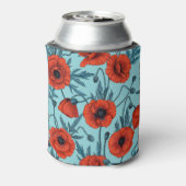 Papavers, rood en blauw op zwembad blauw blikjeskoeler (Blikje Achterkant)