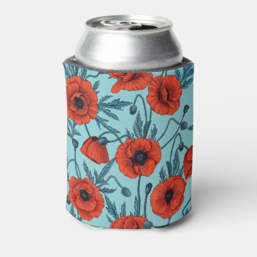 Papavers, rood en blauw op zwembad blauw blikjeskoeler (Blikje Achterkant)